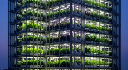 Vertical farm with vibrant greenery thriving inside a modern glass building, showcasing sustainable urban agriculture and innovative green solutions for a healthier planet