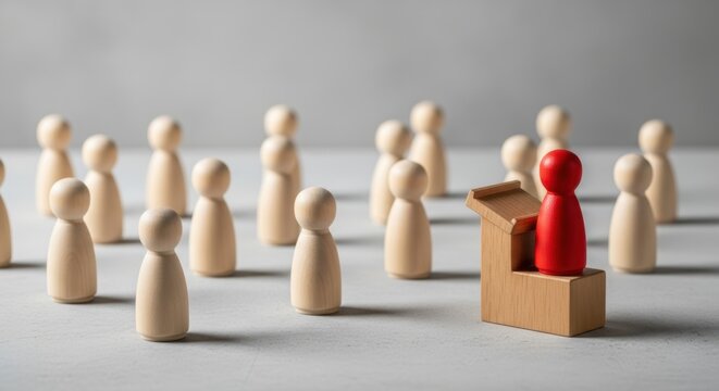 Red figure standing at podium among wooden figures symbolizing leadership and public speaking concept