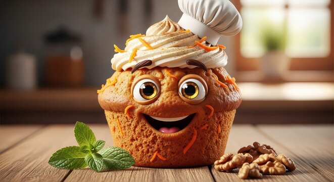 Cheerful baked dessert character wearing a small chef hat sits on a wooden surface with garnishes