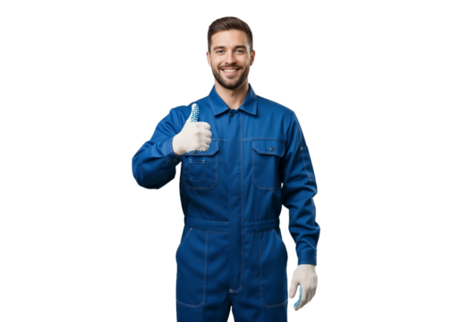 Man in blue work uniform smiles and gives thumbs up while standing indoors at a job site