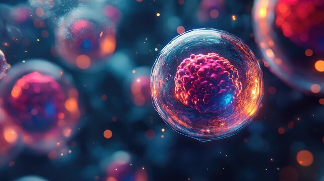 Abstract view of colorful cells in a digital environment showcasing cell structure with vibrant hues and glowing elements, representing cellular biology and innovation
