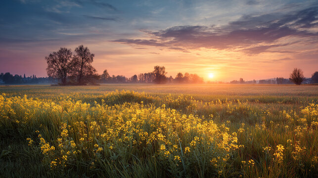 A scenic view of a field of yellow flowers at sunrise with trees and a cloudy sky above