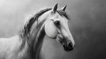 Black and white close-up portrait of a horse face 