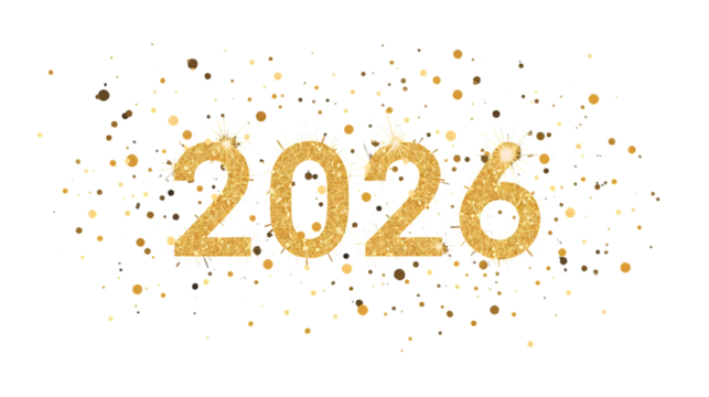 Golden twenty twenty six with confetti on a black background for new years celebration design element on transparent background