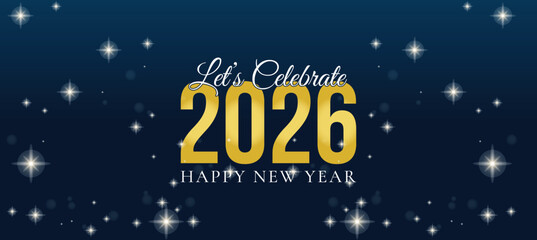 Elegant New Year 2026 Banner with Hanging Ornaments and Stars