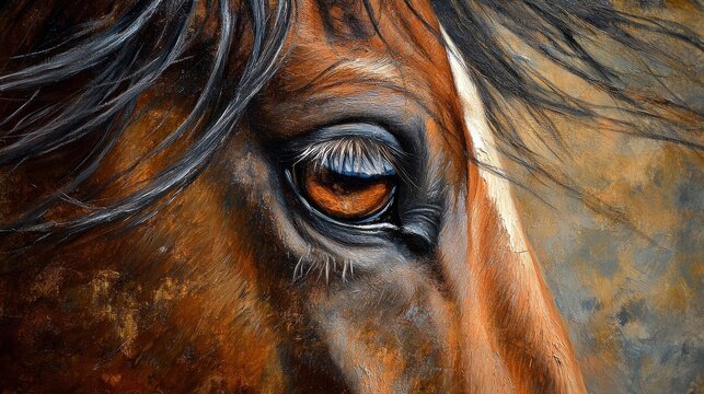 Brown horse close-up with mane in the wind