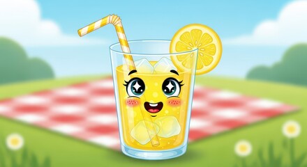 Animated glass of refreshing citrus beverage featuring a cheerful face sits on a checkered blanket outdoors