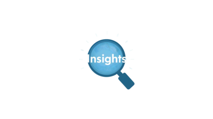 A blue magnifying glass with the word insights written on it against a black background in the center on transparent background