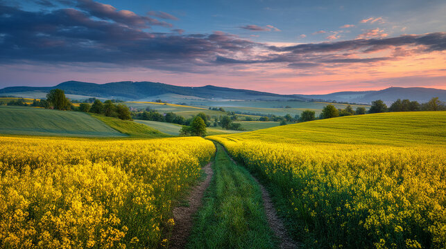 A path through a field of yellow flowers leading towards distant hills under a cloudy sky - Powered by Adobe