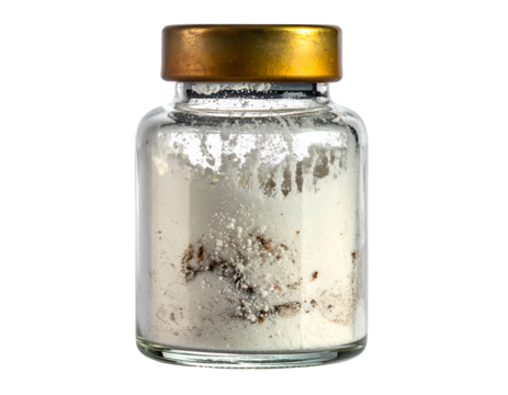 Glass jar filled with white powder and brown mold contamination on inner glass surface with golden metal lid on isolated background