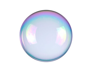 Iridescent soap bubble with rainbow reflections floating as a perfect sphere on isolated background