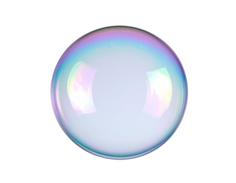 Iridescent soap bubble with rainbow reflections floating as a perfect sphere on isolated background