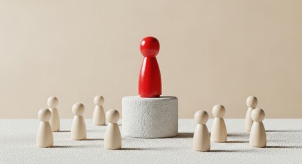 Red wooden figure standing on a podium surrounded by many unpainted figures represents leadership and standing out from the crowd