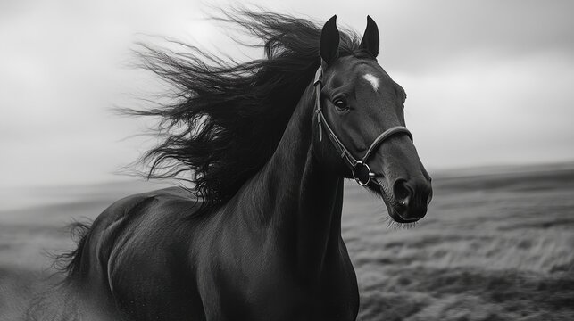 Close-up of horse with windblown mane in motion 