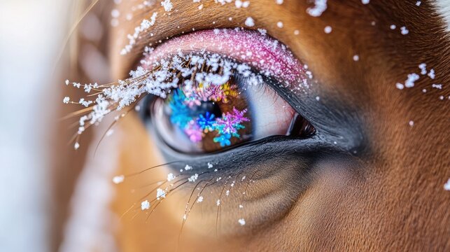 Close-up of horse with winter snowflakes on eyelashes