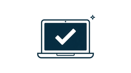 A laptop with a dark blue screen displaying a check mark and a star in the corner of screen on transparent background