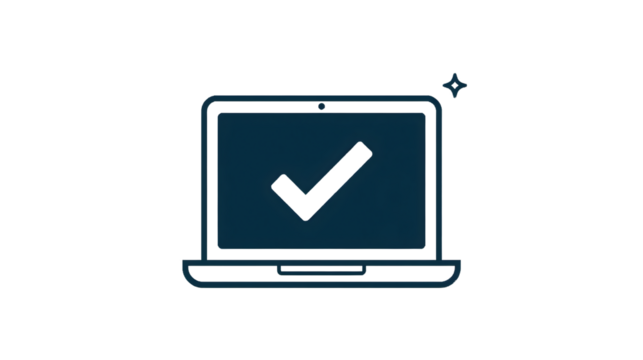 A laptop with a dark blue screen displaying a check mark and a star in the corner of screen on transparent background