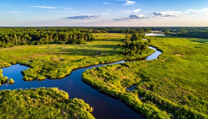 Meandering river cuts through lush, grassy wetlands under a partly cloudy, vibrant blue sky at golden hour