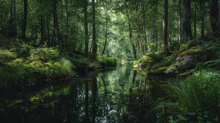Fototapeta premium A serene view of a narrow river flowing through a lush green forest with reflections