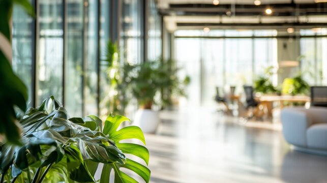 Modern Bright Office Interior with Green Plants. Blurry office space. Modern workspace design. Glass walls, blurred furniture, plants. Natural light, commercial building, business concept, indoor. - Powered by Adobe