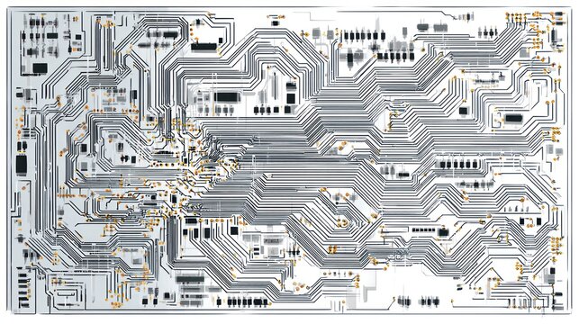 A detailed top-down view of a circuit board with complex wiring and electronic components