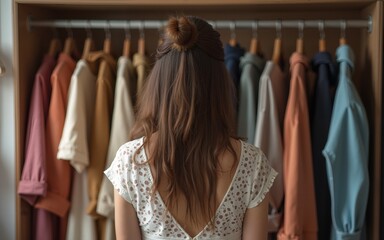 A young woman stands in front of a wardrobe filled with hanging outfits, contemplating what to wear. Fashion choices reflect personal style, mood, and the daily decision-making process. High quality