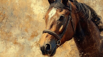 Horse face close-up from side profile, with bridle 