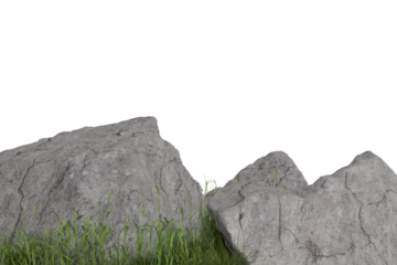 Isolated natural grey rock formations with green tufts of grass at their base, against a stark black background, ready for compositing