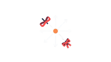 A graphic with a central orange circle, white arrows, and two red shapes on a black background on transparent background