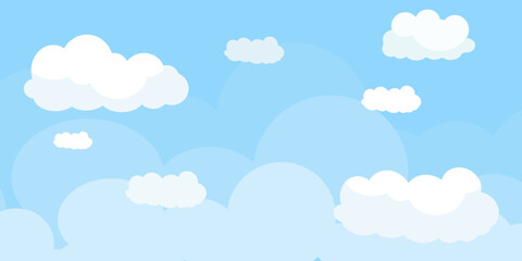 Illustration of a blue sky with white clouds in a flat style. Blue sky background and white clouds. Cartoon sky	
