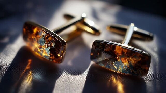 Two golden cufflinks are elegantly displayed, featuring intricate amber and blue designs within each cufflink. The cufflinks reflect light beautifully, showcasing their craftsmansh