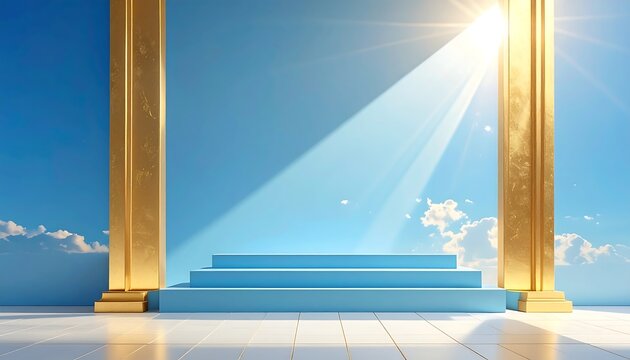 Light-filled scene with blue steps and gold columns against a bright sky with clouds, offering an uplifting, optimistic vibe