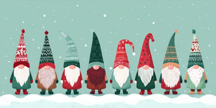 Cute christmas gnome set illustration, red and green, winter snow, festive joy - Powered by Adobe
