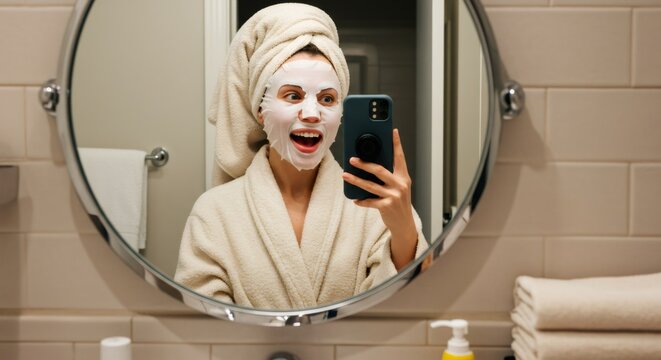 Woman in bathrobe with a towel on her head and a sheet mask on her face looking in the mirror and taking a selfie. Concept of self care cosmetic treatment at home. - Powered by Adobe