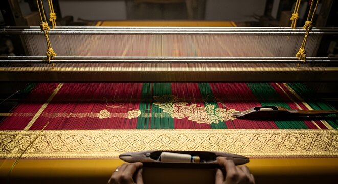 Intricate weaving of silk fabric on traditional loom, vibrant colors and gold details, showcasing heritage craftsmanship and textile art in India