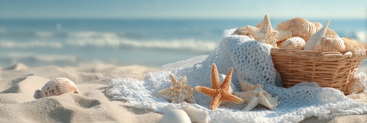 Summer beach scene with seashells and starfish in basket on sand, coastal decor background and ocean holiday concept, perfect for summer-themed design, beach vacation promotions and travel advertising