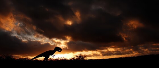 Dynamic sunset scene with allosaurus silhouette