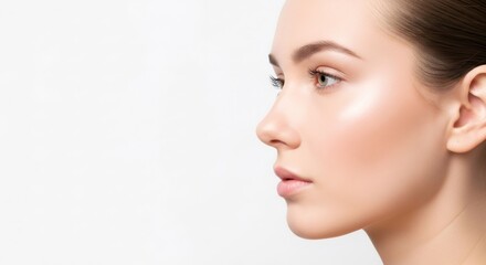 Profile view of young woman with perfect skin, natural makeup. Skincare, cosmetics, beauty or cosmetology concept with copy space.