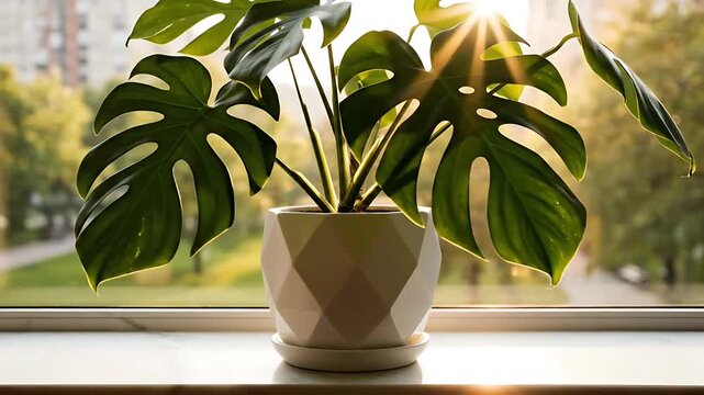 Lush Monstera Plant on Windowsill Bathed in Golden Morning Sunlight A beautiful and healthy Swiss Cheese Plant thriving indoors perfect for modern home d�cor