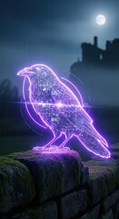 Obraz premium Digital holographic bird silhouette glows with bright purple light perched upon a mossy stone wall at night