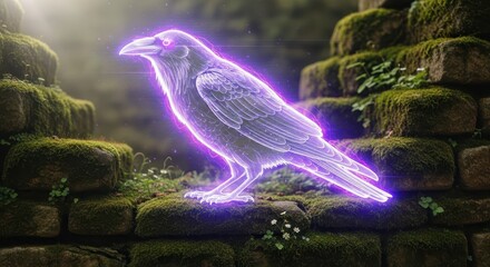 Obraz premium Luminous purple spectral bird apparition hovers above moss covered stone ruins in a dark setting