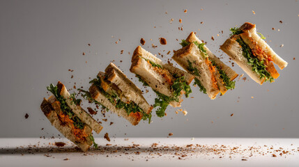 A dynamic arrangement of flying sandwiches with visible lettuce and filling on a neutral background