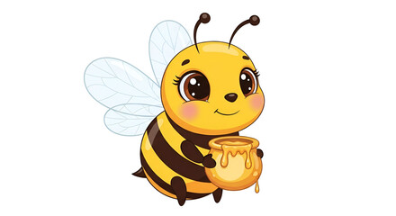 Adorable cartoon bee mascot character holding a jar of honey and smiling sweet insect illustration
