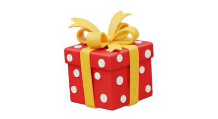 Red gift box with white polka dots and large yellow ribbon bow wrapped present 3d render isolated on white