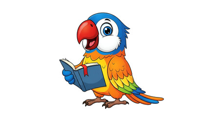 Cute cartoon parrot or macaw bird reading a book educational animal character illustration