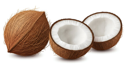 Two halved coconuts showing white flesh and brown husk tropical fruit isolated on a white background