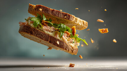 A levitating sandwich with bread, filling, and arugula against a gradient background with crumbs falling