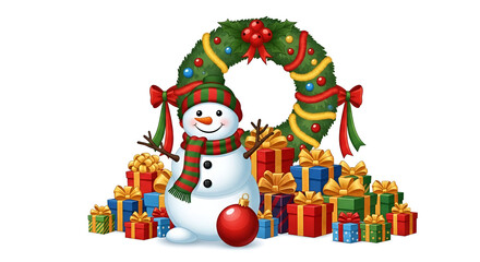 Smiling snowman with christmas wreath and gifts on a snowy background holiday greeting scene