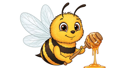 Cute cartoon bee mascot character holding a honey dipper with dripping honey sweet insect illustration