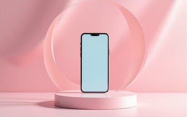 A minimalist smartphone displayed on a circular pedestal with soft pink fabric backdrop. High quality